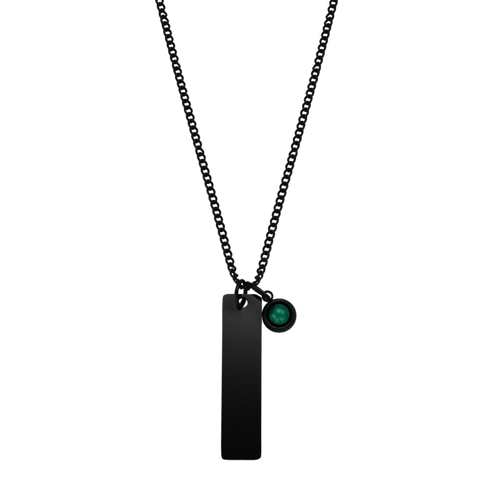 Colar Life Masculino Placa em Aço Preto com Jade Verde, 60cm