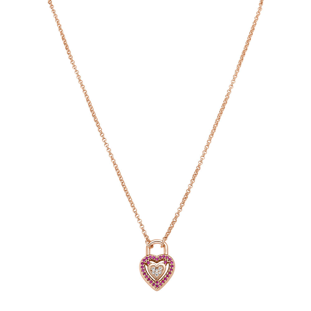 Colar Life Love Locker Coração em Liga Rosé com Banho de Ouro Rosé 18k, Pedras Rosas e Incolores, 45cm