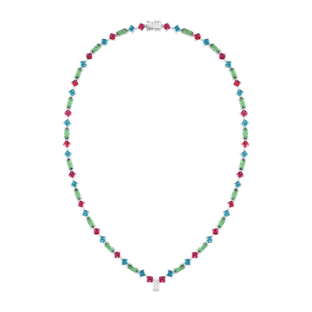 Colar Life Coloré em Prata 925 com Pedras Verdes, Rosas e Azul 40cm