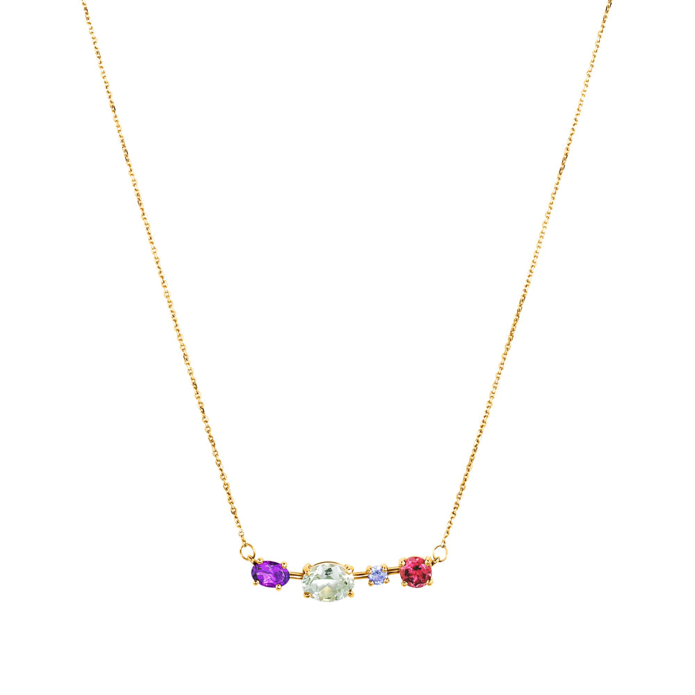 Colar Pietre em Ouro Amarelo 18k com Rodolita, Ametista Roxa, Ametista Verde e Prasiolita, 45cm