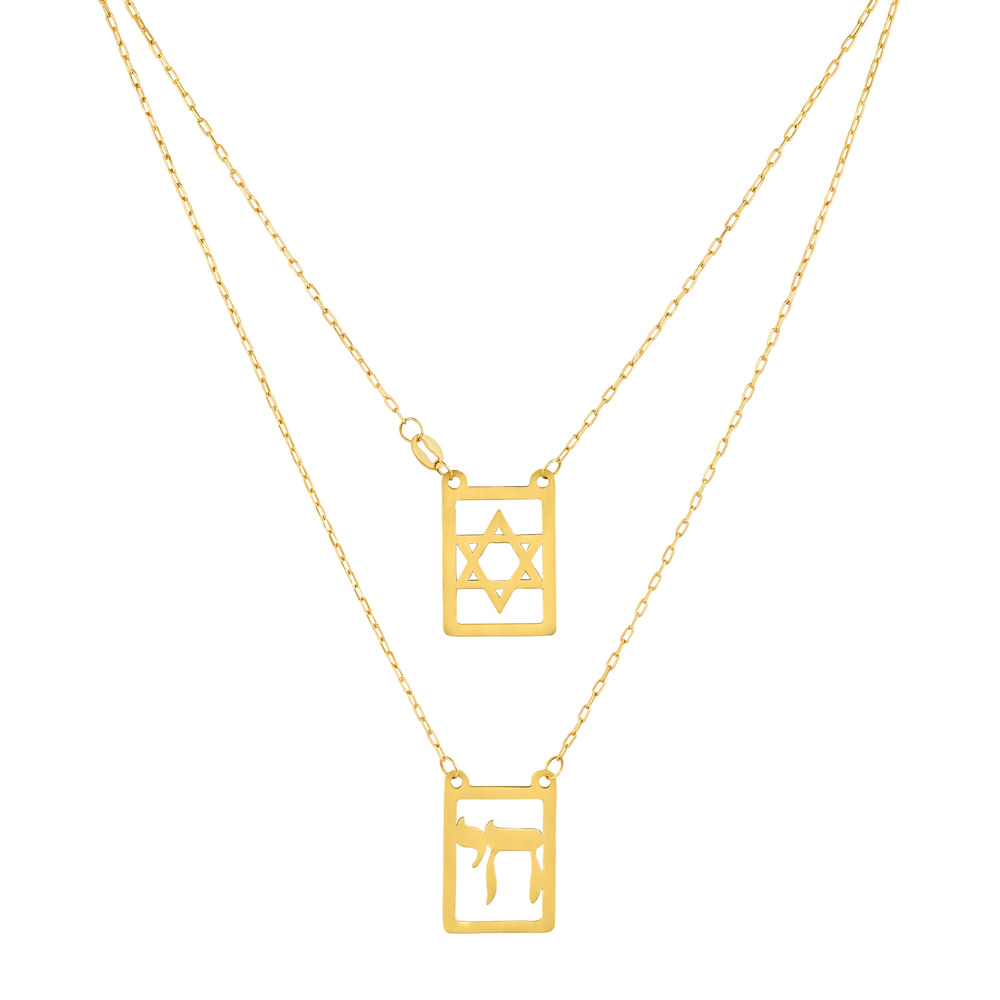Escapulário Medalhas Estrela de Davi Judáico em Ouro Amarelo 18k, 65cm