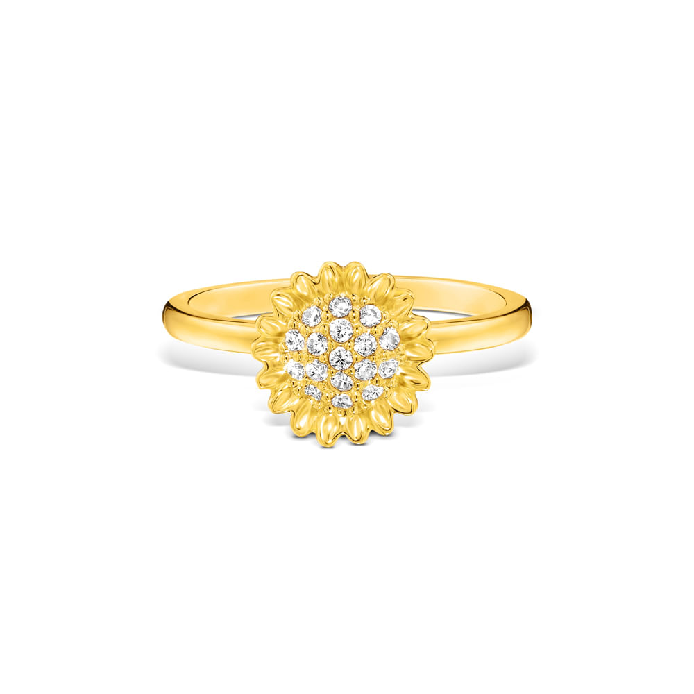 Anel Life Flora Girassol em Prata 925 com Banho de Ouro Amarelo 18k e Pedras Incolores
