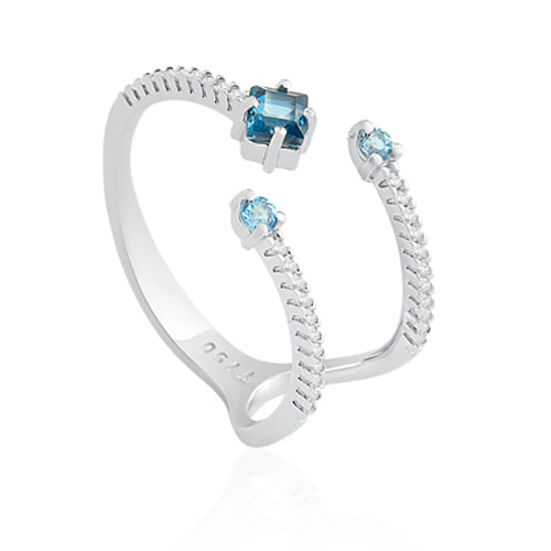 Anel Ouro Branco 18k com Diamantes e Topázio Azul