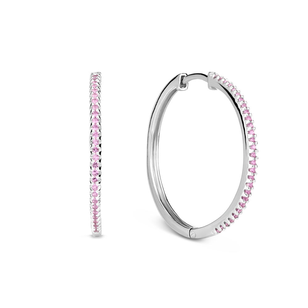 Argola Life Pavê em Prata 925 com Pedras Rosas, 15 mm