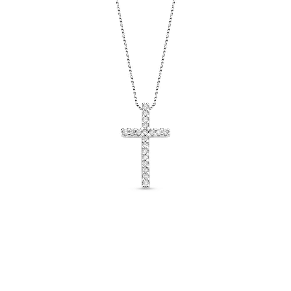 Pingente Cruz Stick em Ouro Branco 18k com Diamantes, 18mm