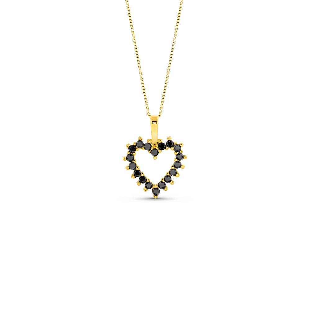 Pingente Amantes Coração em Ouro Amarelo 18k com Diamantes Negros