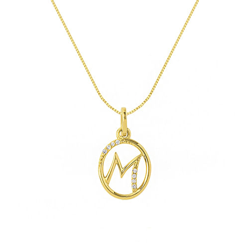 Pingente Letra M em Ouro Amarelo 18k com Diamantes, 15mm