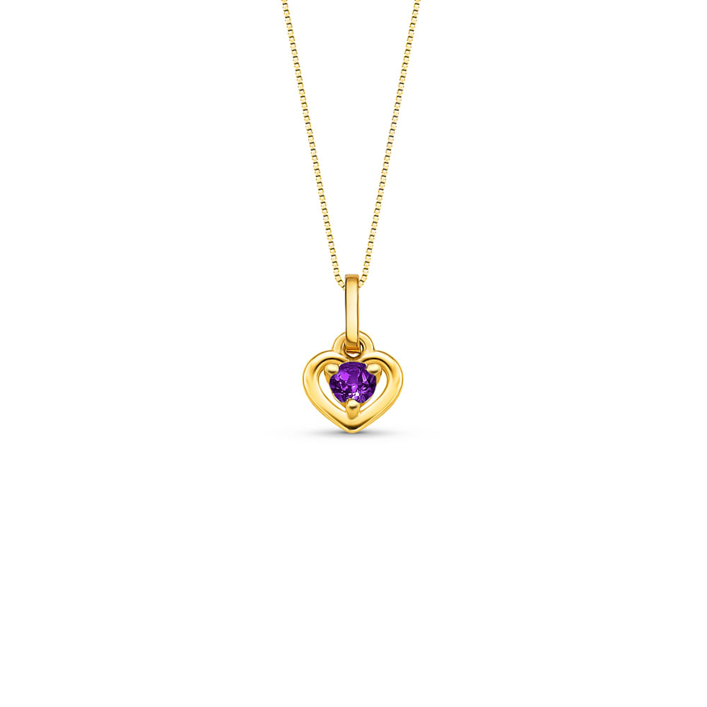 Pingente Heart em Ouro Amarelo 18k com Ametista Roxa, 12mm