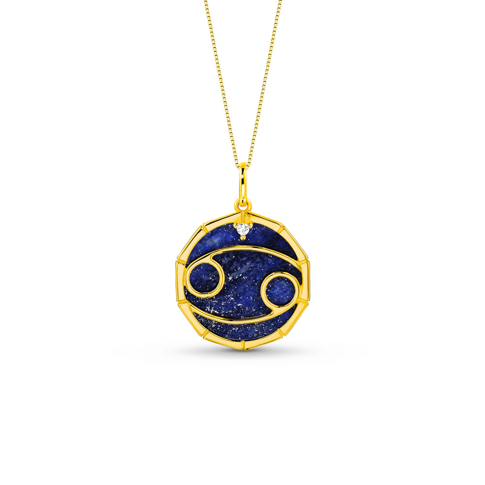 Pingente Zodíaco Cncer em Ouro Amarelo 18k com Lápis Lazuli e Safira Incolor