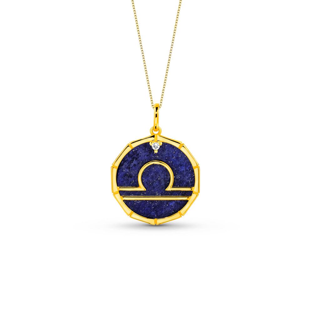 Pingente Zodíaco Libra em Ouro Amarelo 18k com Lápis Lazuli e Safira Incolor, 17mm