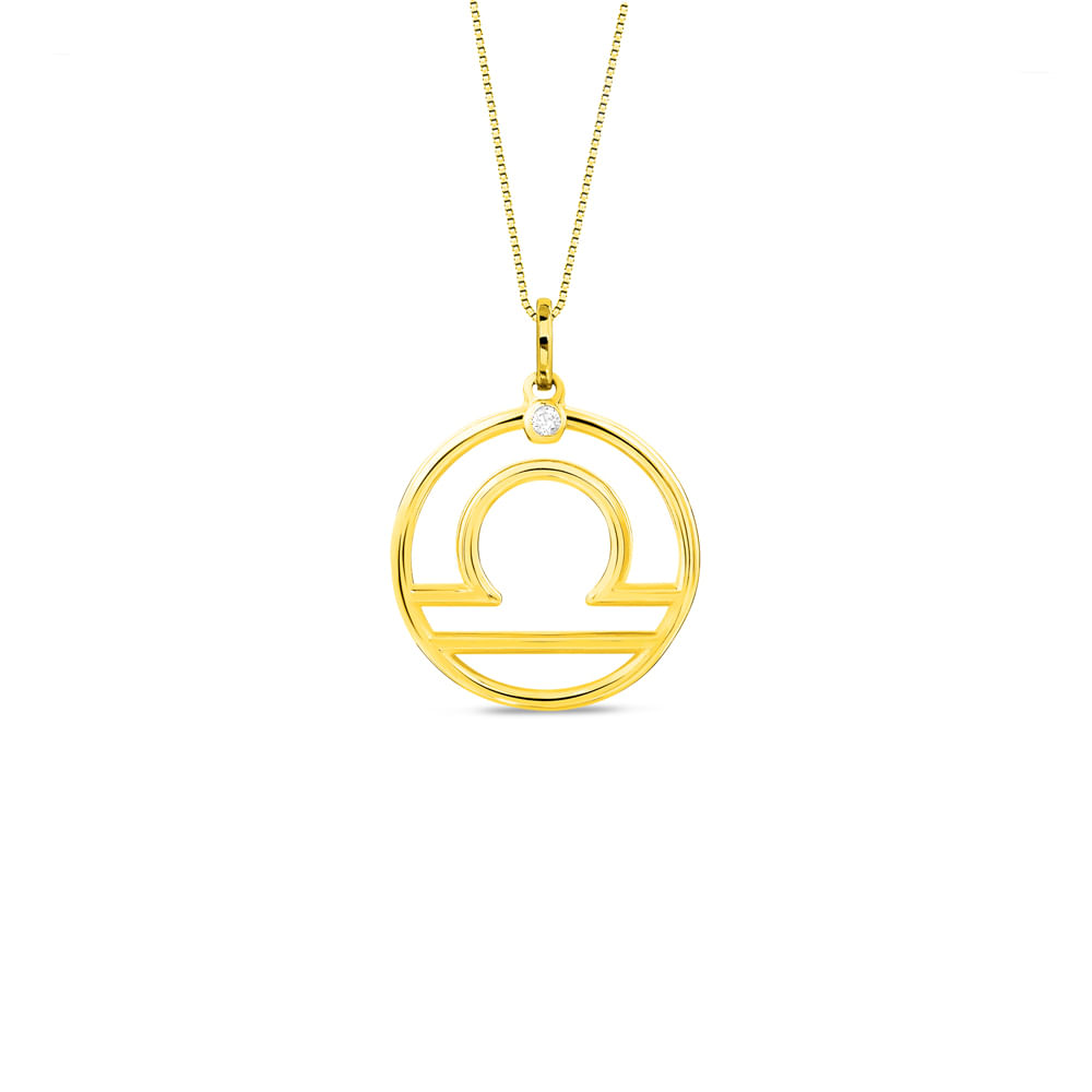 Pingente Zodíaco Libra em Ouro Amarelo 18k com Safira Incolor, 17mm