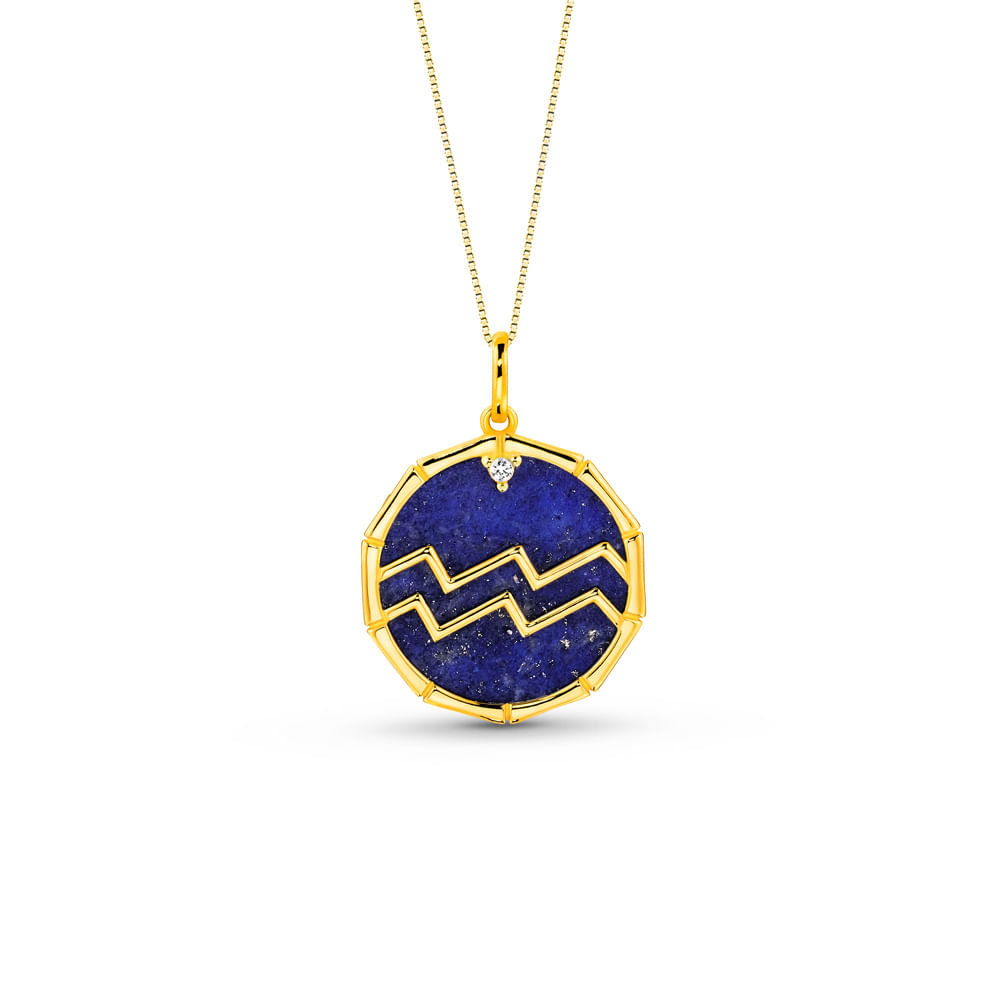 Pingente Zodíaco Aquário em Ouro Amarelo 18k com Lápis Lazuli e Safira Incolor, 17mm