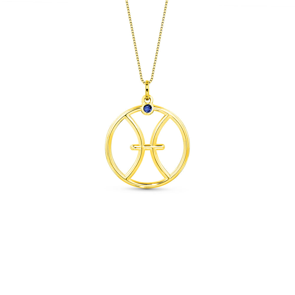 Pingente Zodíaco Peixes em Ouro Amarelo 18k com Safira Azul, 17mm