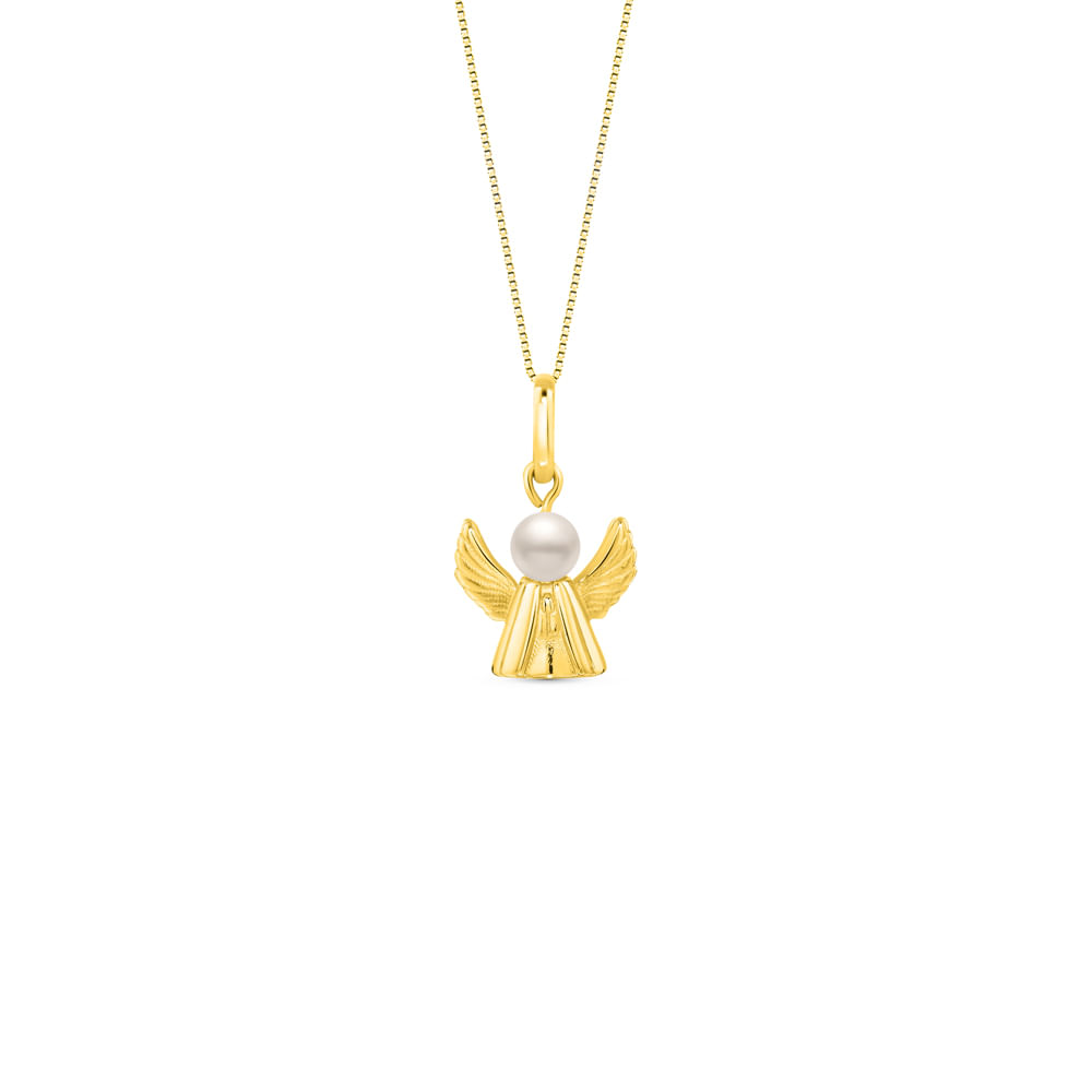 Pingente Religioso Anjo em Ouro Amarelo 18k com Pérola, 16mm
