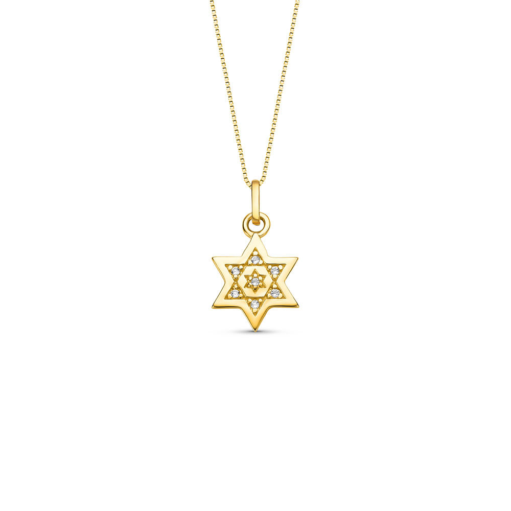 Pingente Religioso Estrela de Davi em Ouro Amarelo 18k com Topázio Incolor, 18mm
