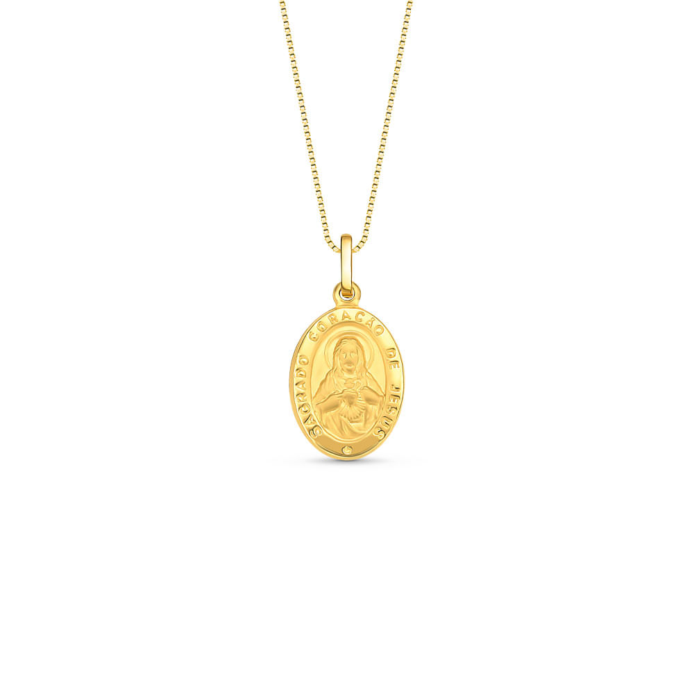 Pingente Medalha Sagrado Coração de Jesus em Ouro Amarelo 18k, 13mm