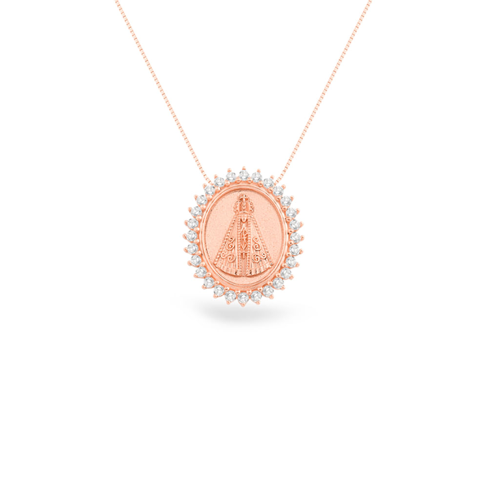 Pingente Medalha N.Sra. Aparecida em Ouro Rosé 18k com Topázios Incolores, 20mm