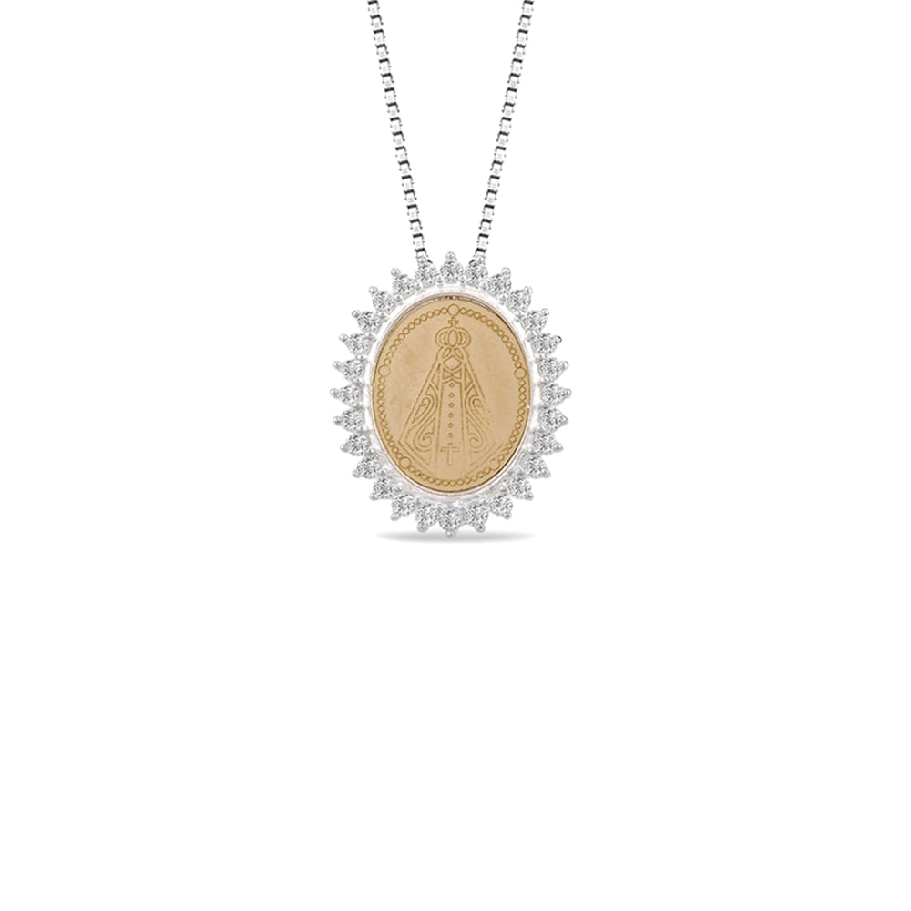 Pingente Medalha N.Sra. Aparecida em Ouro Amarelo 18k com Prata 925 e Topázios Incolores