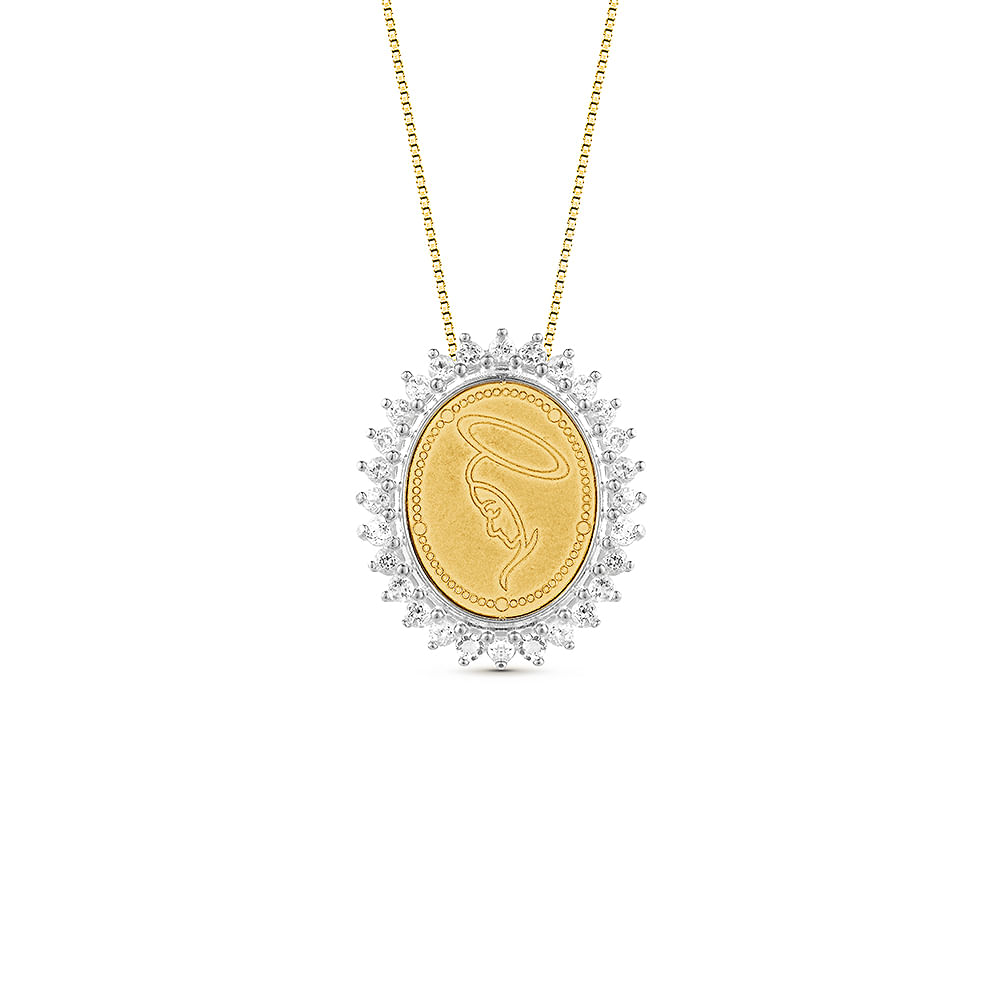 Pingente Medalha N.Sra. Aparecida em Ouro Amarelo 18k com Prata 925 e Topázios Incolores, 20mm