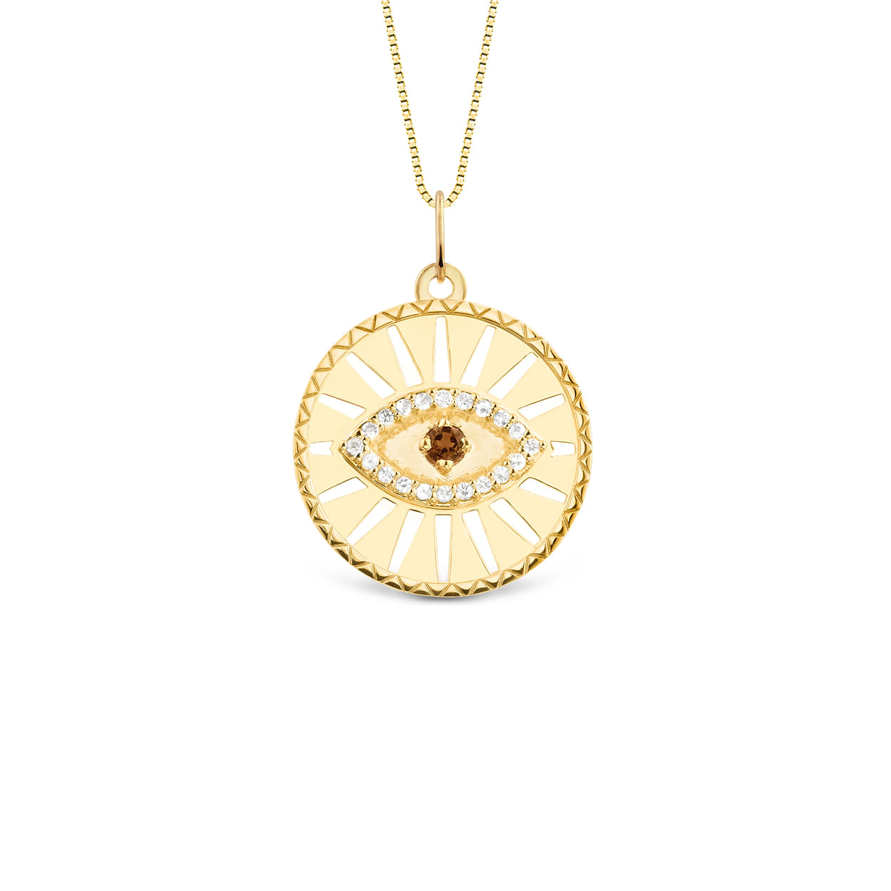 Pingente Medalha Trends Olho Grego em Ouro Amarelo 18k com Quartzo Fumê e Safira Incolores, 20mm