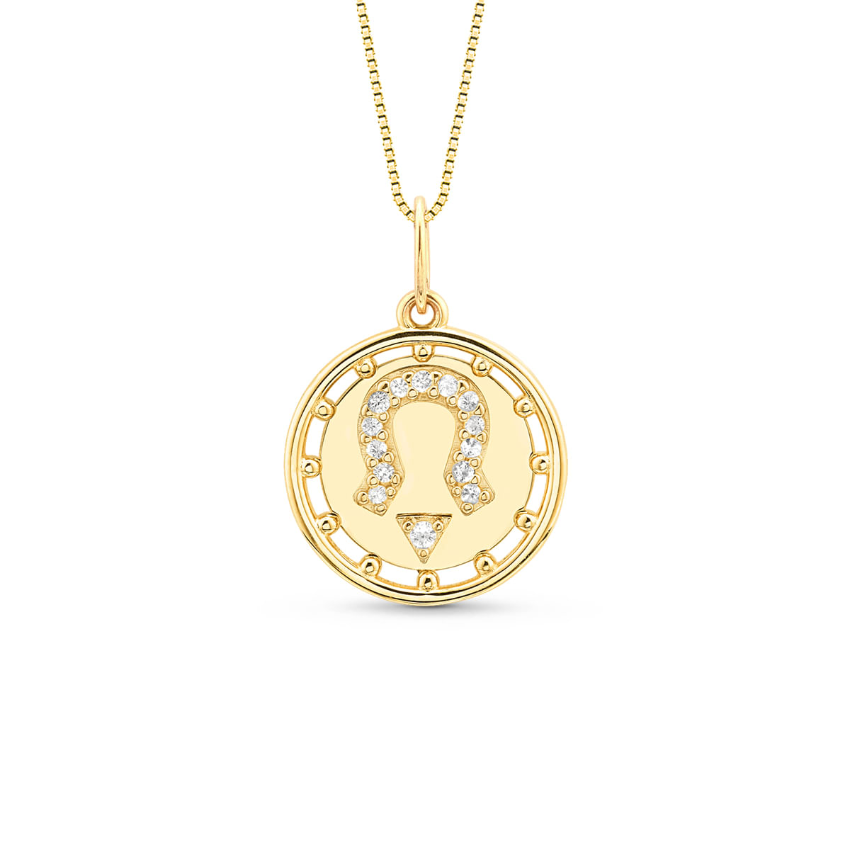 Pingente Medalha Trends Ferradura em Ouro Amarelo 18k com Safiras Incolores, 15mm