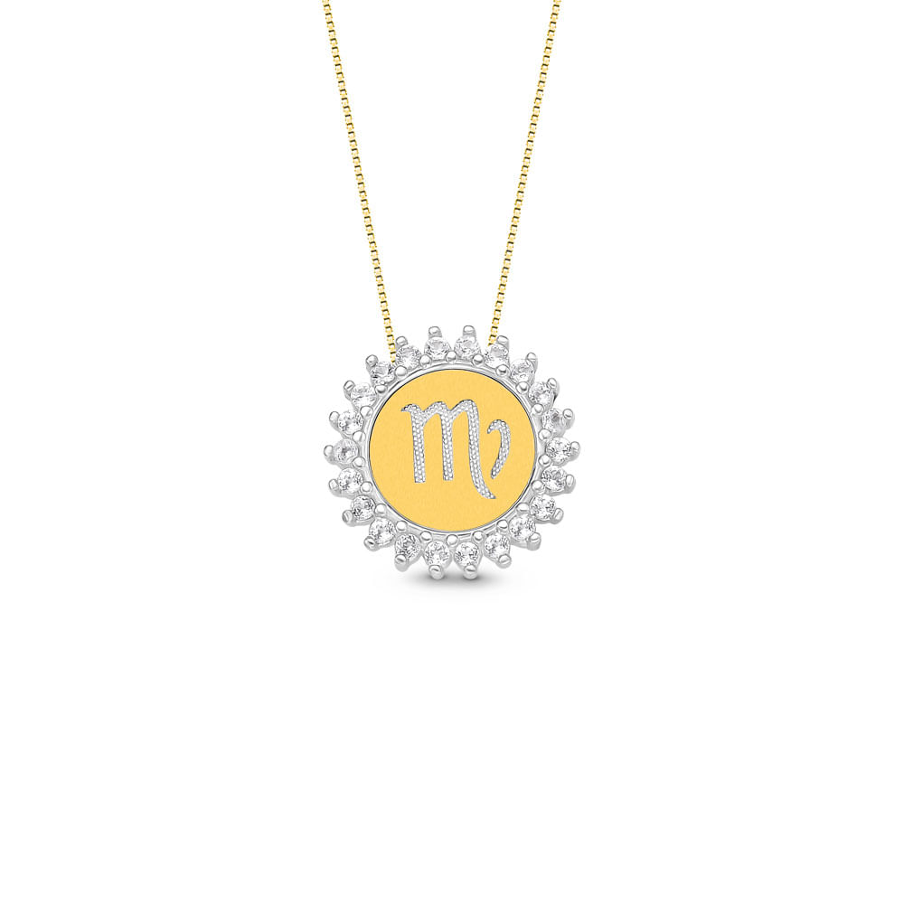 Pingente Medalha Signo Virgem em Prata 925 e Ouro Amarelo 18k com Topázios Incolores, 15.4mm