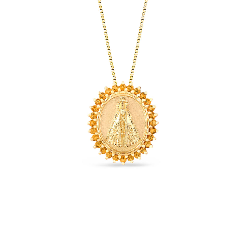 Pingente Medalha N.Sra. Aparecida em Ouro Amarelo 18k com Citrinos, 20mm