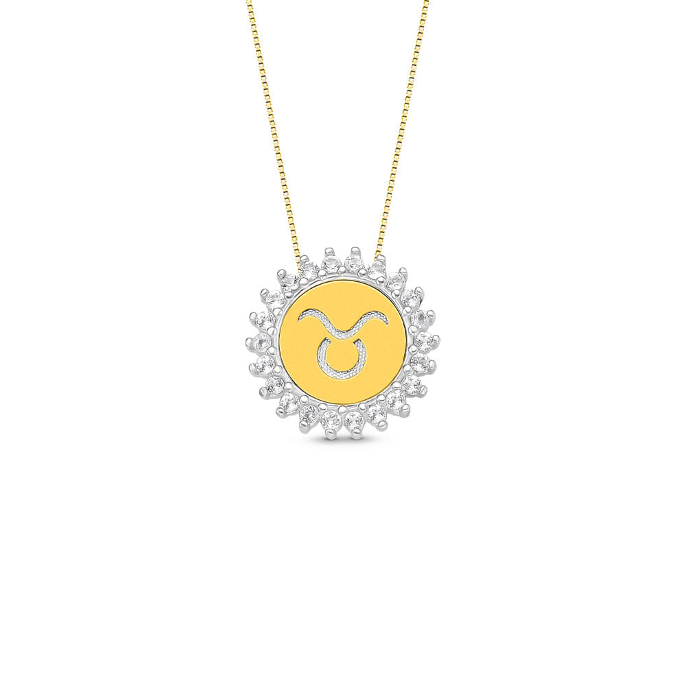 Pingente Medalha Signo Touro em Prata 925 com Ouro Amarelo 18k e Topázios Incolores