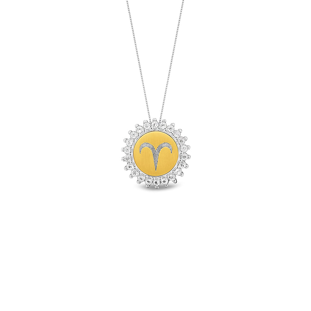 Pingente Medalha Signo Áries em Prata 925 com Ouro Amarelo 18k e Topázios Incolores