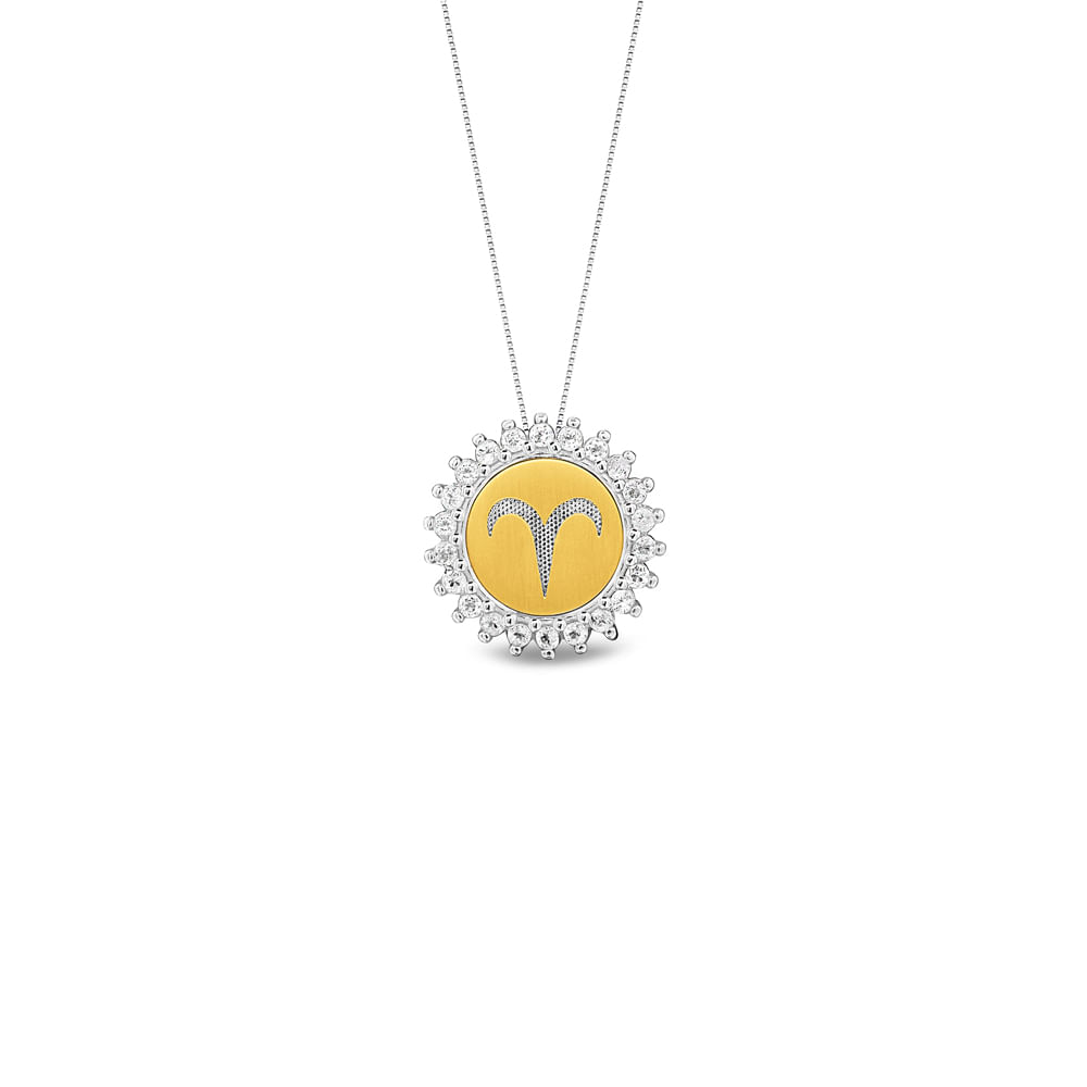 Pingente Medalha Signo Áries em Prata 925 e Ouro Amarelo 18k com Topázios Incolores, 15.4mm