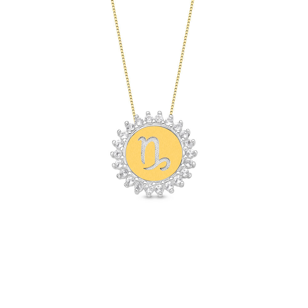 Pingente Medalha Signo Capricórnio em Prata 925 e Ouro Amarelo 18k com Topázios Incolores, 15.4mm