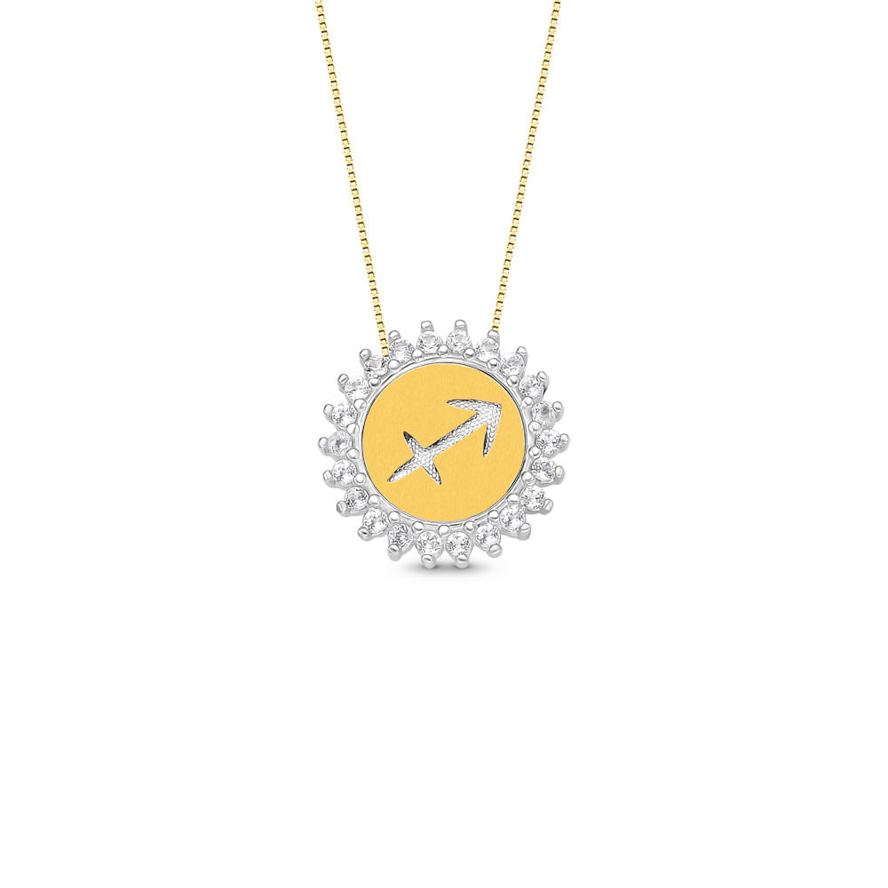 Pingente Medalha Signo Sagitário em Prata 925 e Ouro Amarelo 18k com Topázios Incolores, 15.4mm