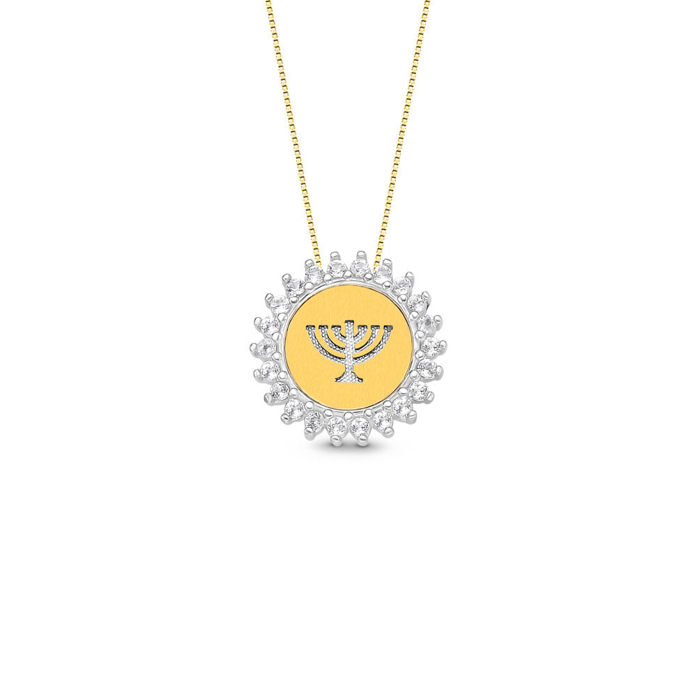 Pingente Medalha Menorah em Prata 925 e Ouro Amarelo 18k com Topázios Incolores, 15.4mm