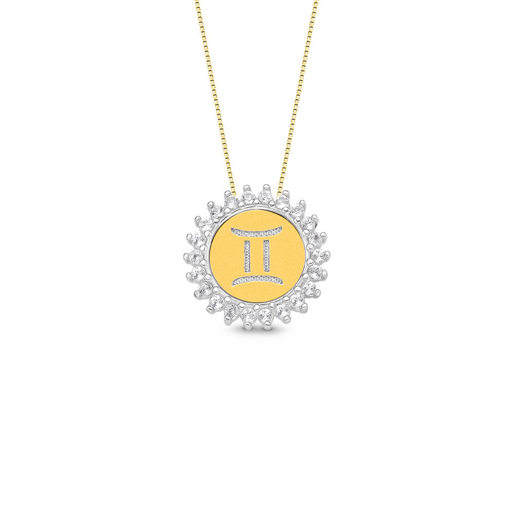 Pingente Medalha Signo Gemêos em Prata 925 e Ouro Amarelo 18k com Topázios Incolores, 15.4mm