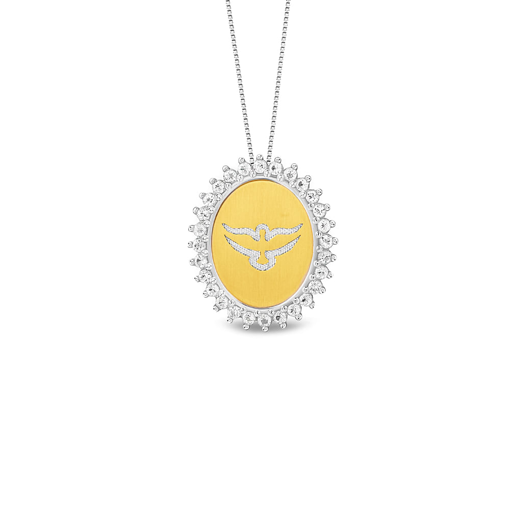 Pingente Medalha Espirito Santo em Prata 925 e Ouro Amarelo 18k com Topázios Incolores, 20mm