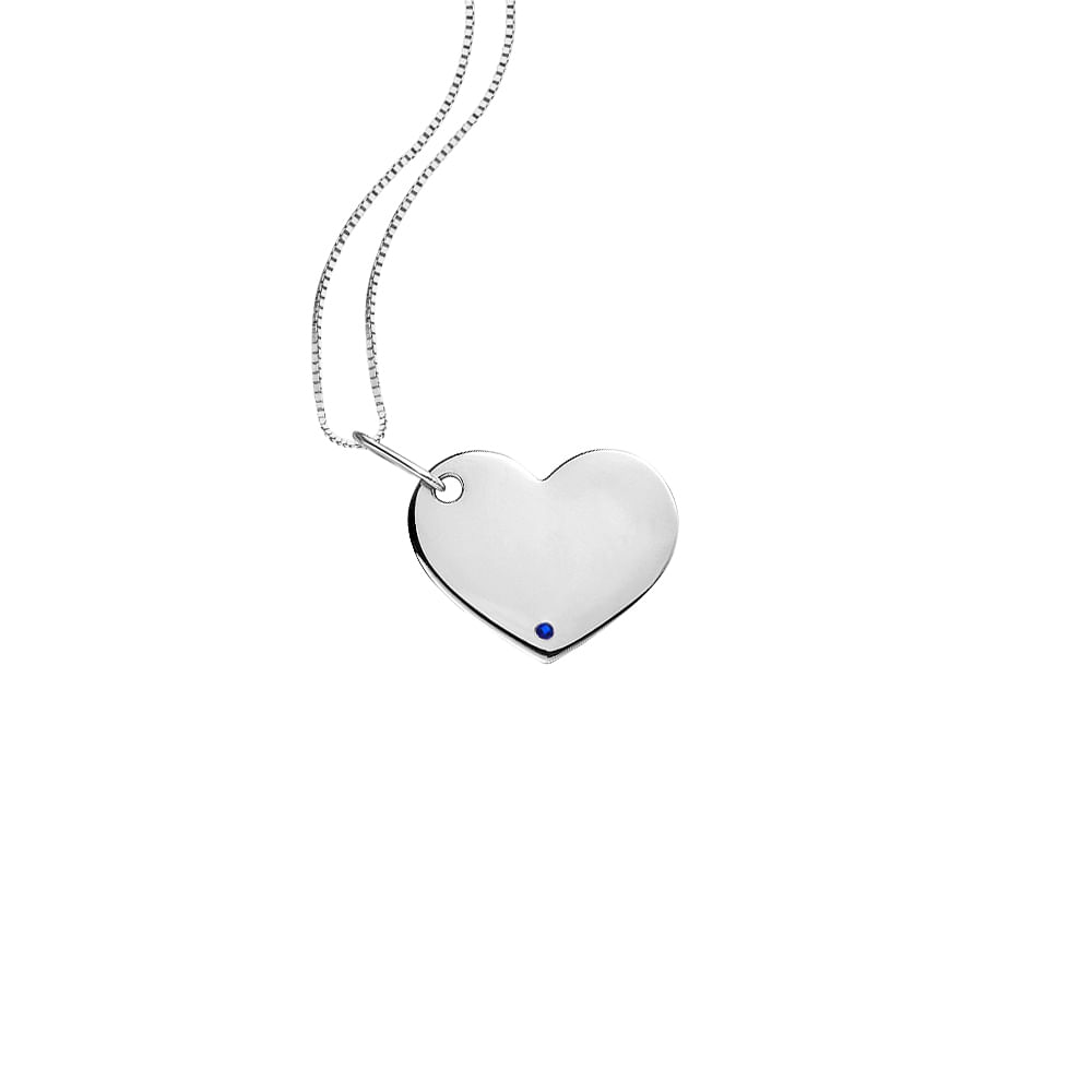 Pingente Personalizável Coração em Ouro Branco 18k com Safira Azul