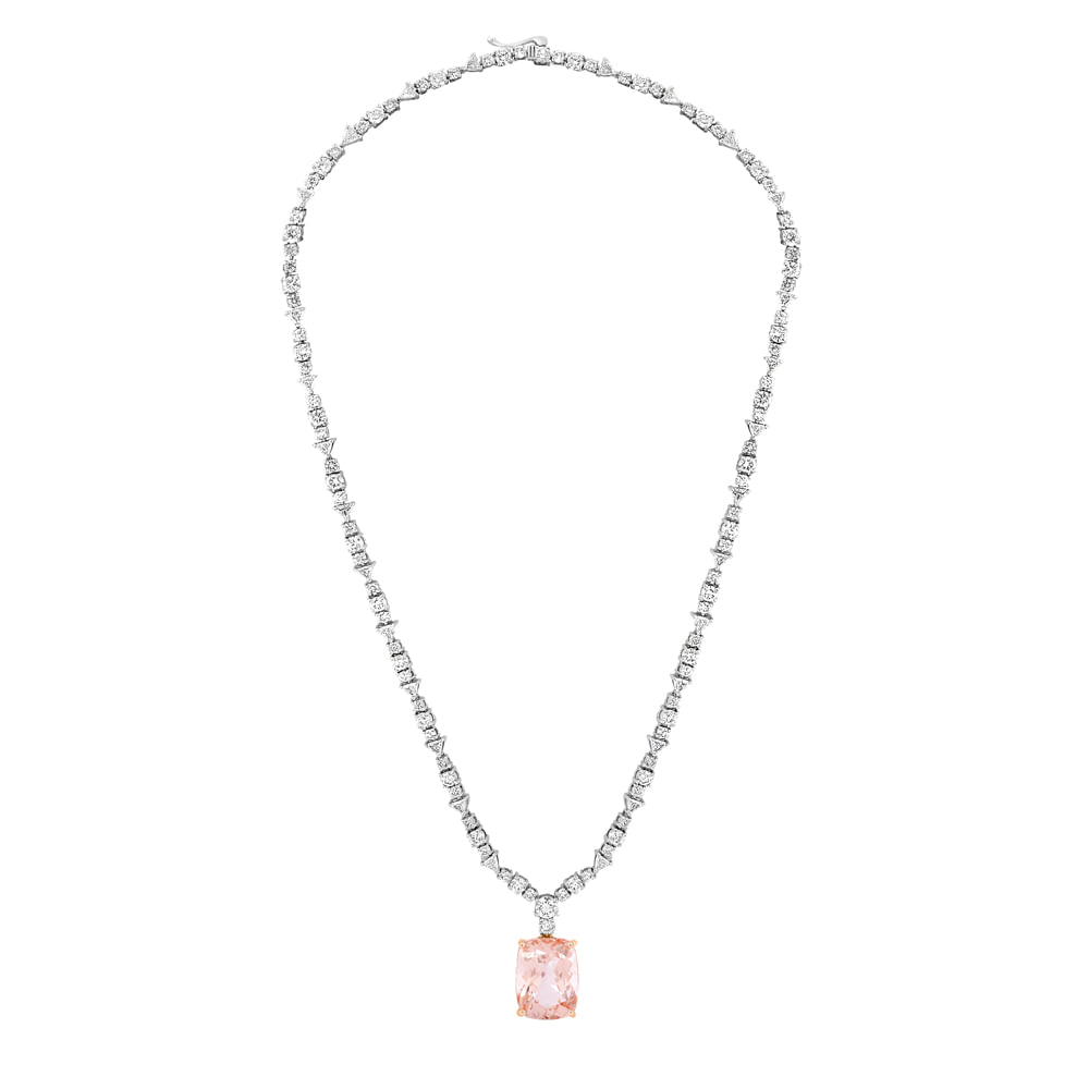 Colar Clássico Especial em Ouro Branco 18k com Morganita e Diamantes, 42cm