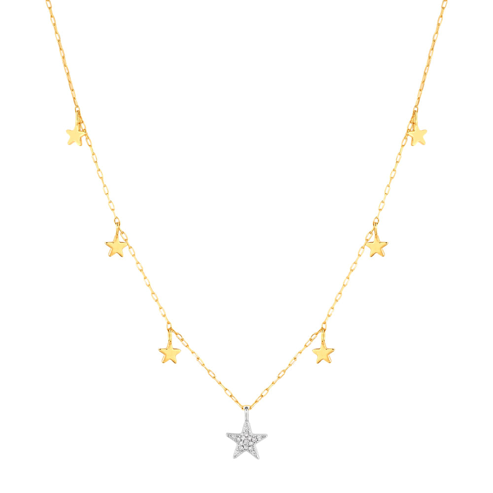 Colar Teens Estrelas em Ouro Amarelo e Ouro Branco 18k com Diamantes, 45cm