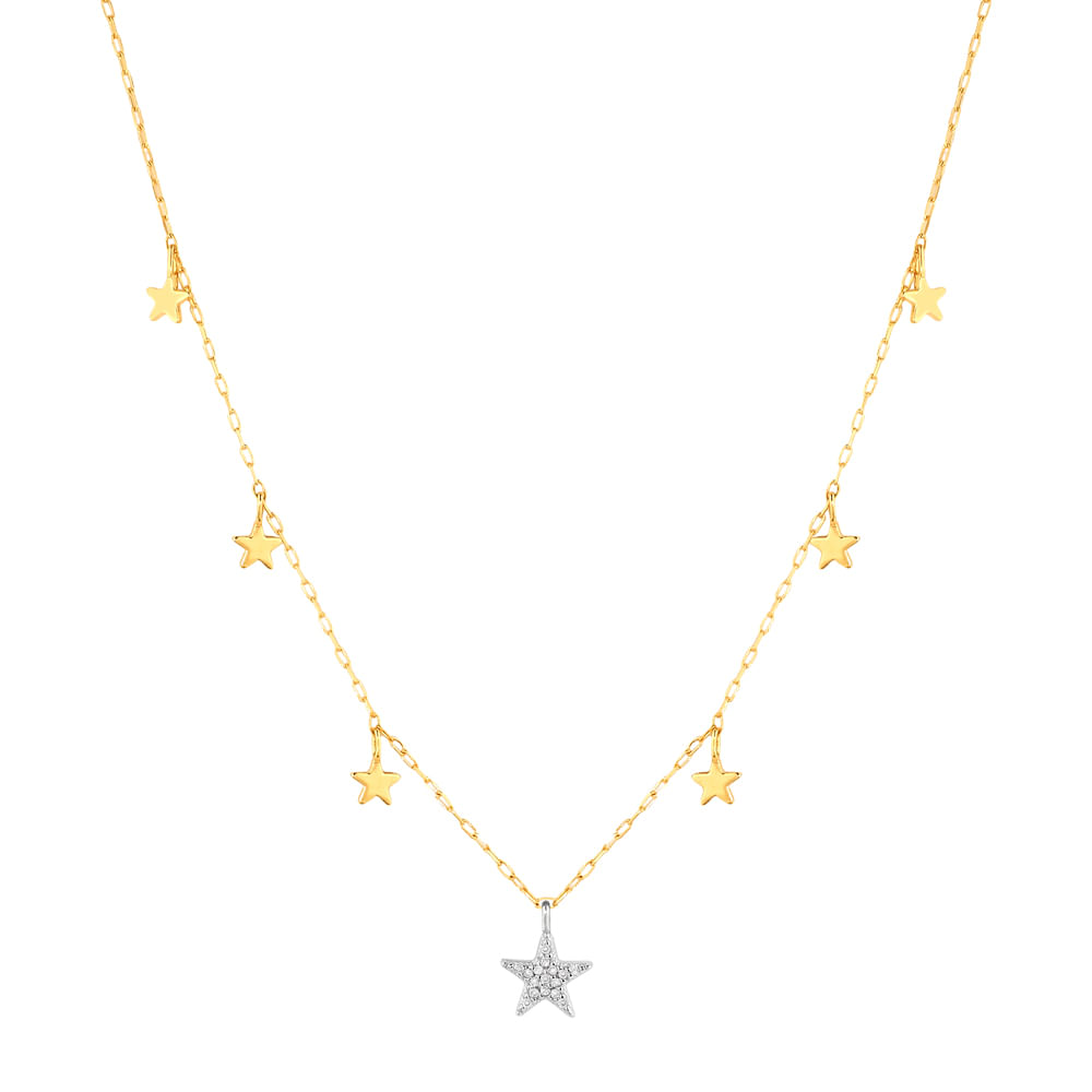 Colar Teens Estrelas em Ouro Amarelo e Ouro Branco 18k com Diamantes, 45cm