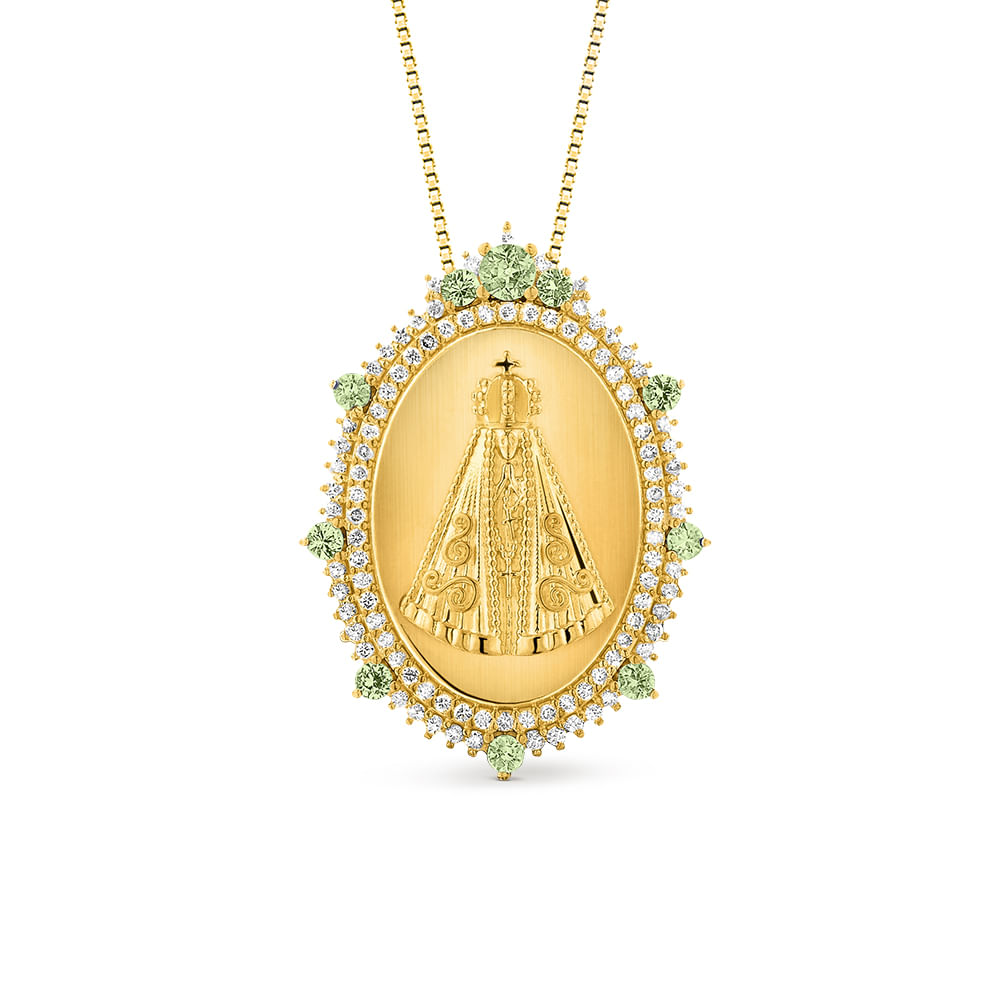 Pingente Virtuosa N.Sra. Aparecida em Ouro Amarelo 18k com Safiras Verde e Diamantes, 30mm