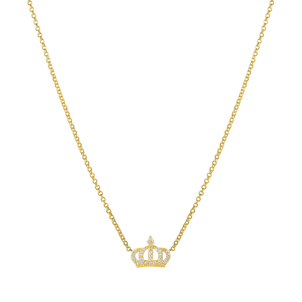 Colar Life Forever Coroa em Prata 925 com Banho de Ouro Amarelo 18k com Pedras Incolores, 45cm
