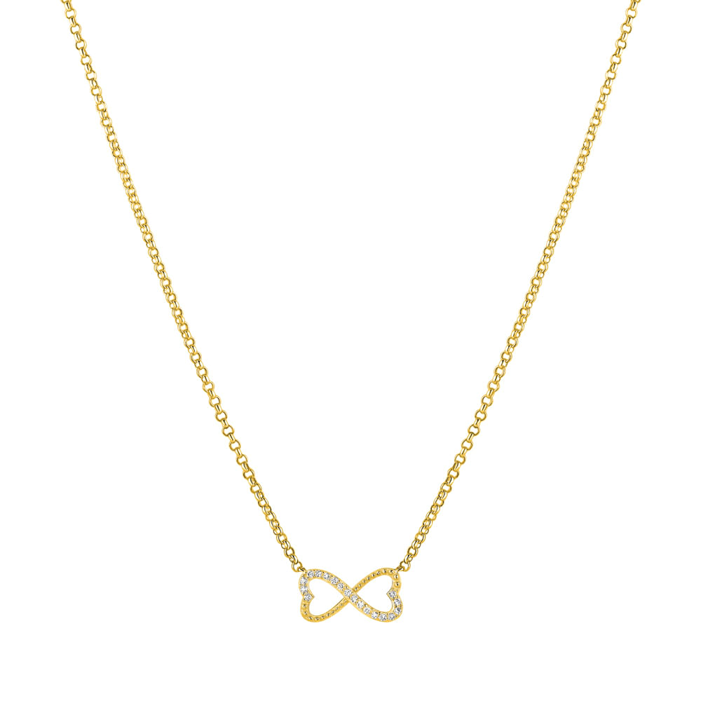 Colar Life Forever Infinito em Prata 925 com Banho de Ouro Amarelo 18k com Pedras Incolores, 45cm