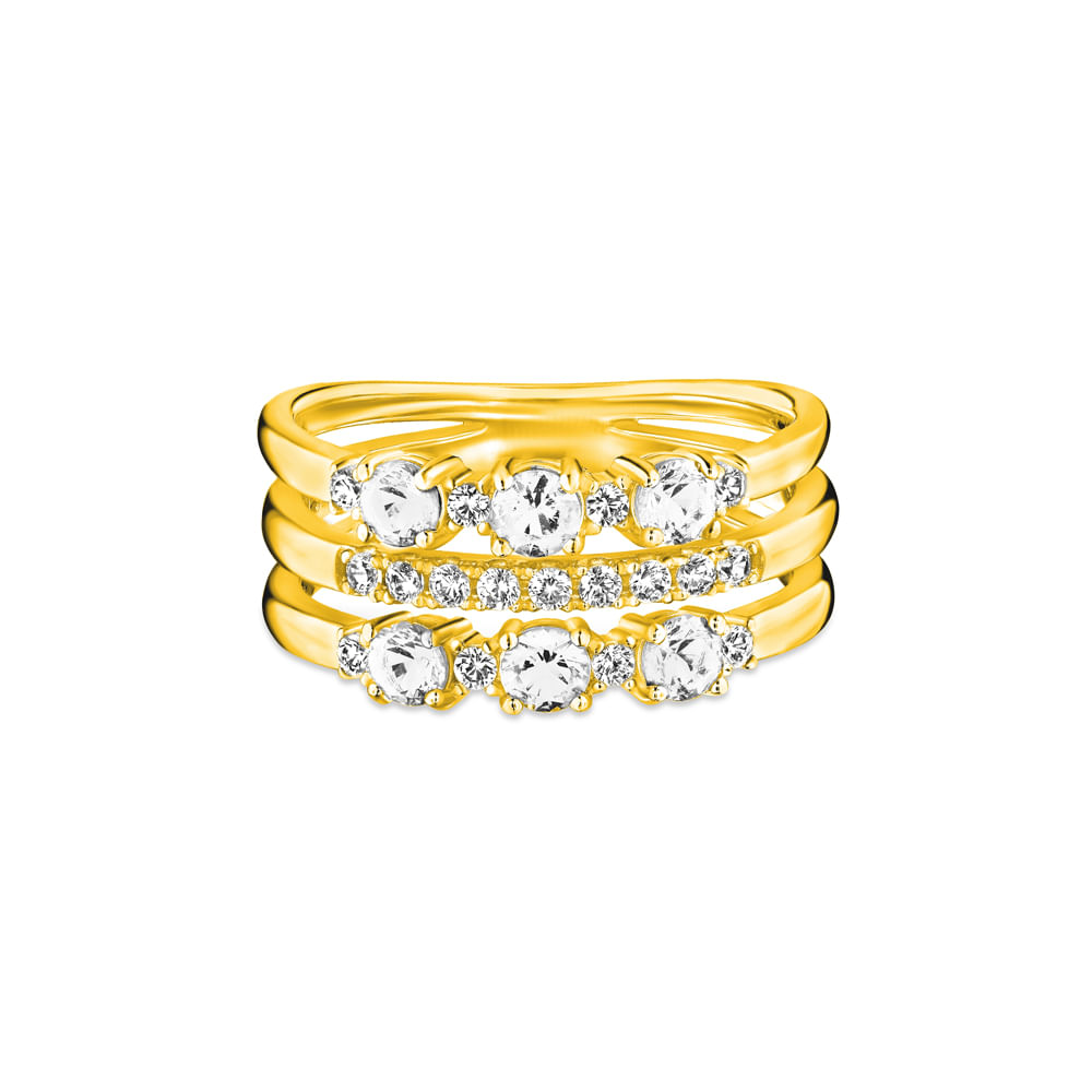 Anel Life Ocean Triplo em Prata 925 com Banho de Ouro Amarelo 18k e Pedras Incolores