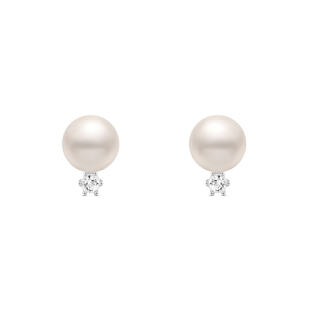 Brinco em Prata 925 com Pérola e Topázio Incolor, 7-7.5mm