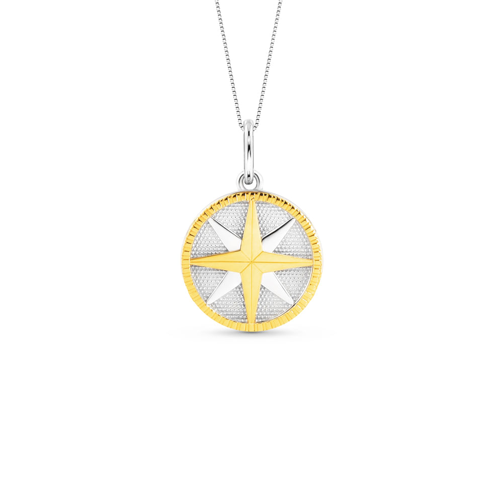 Pingente Rosa dos Ventos em Prata 925 e Ouro Amarelo 18k, 25mm