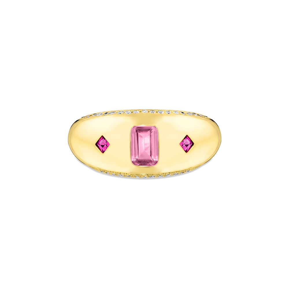 Anel Life Cora em Prata 925 com Banho de Ouro Amarelo 18k e Pedras Rosas