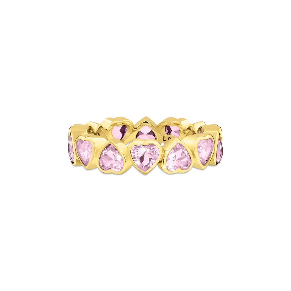 Anel Life Cora Corações em Prata 925 com Banho de Ouro Amarelo 18k e Pedras Rosas