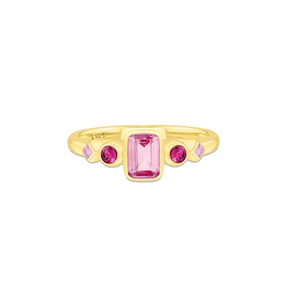 Anel Life Cora em Prata 925 com Banho de Ouro Amarelo 18k e Pedras Rosas