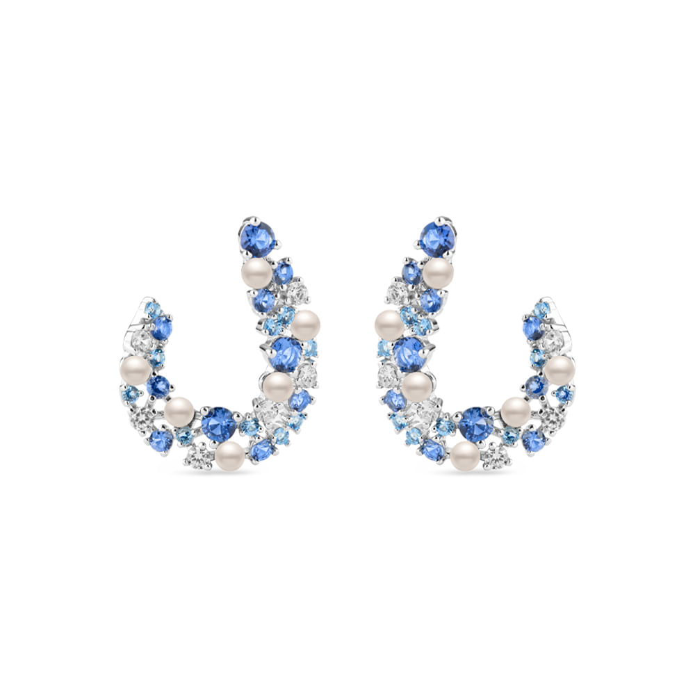 Brinco Life Pacific em Prata 925 com Pedras Azuis, Incolores e Esferas Peroladas