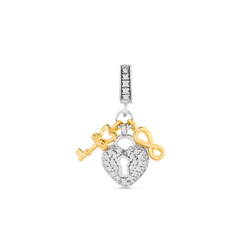 Pingente Life Amor Cadeado em Prata 925 com Banho de Ouro Amarelo 18k e Pedras Incolores
